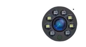 Close-up of the camera's lens surrounded by its infrared and white LED array