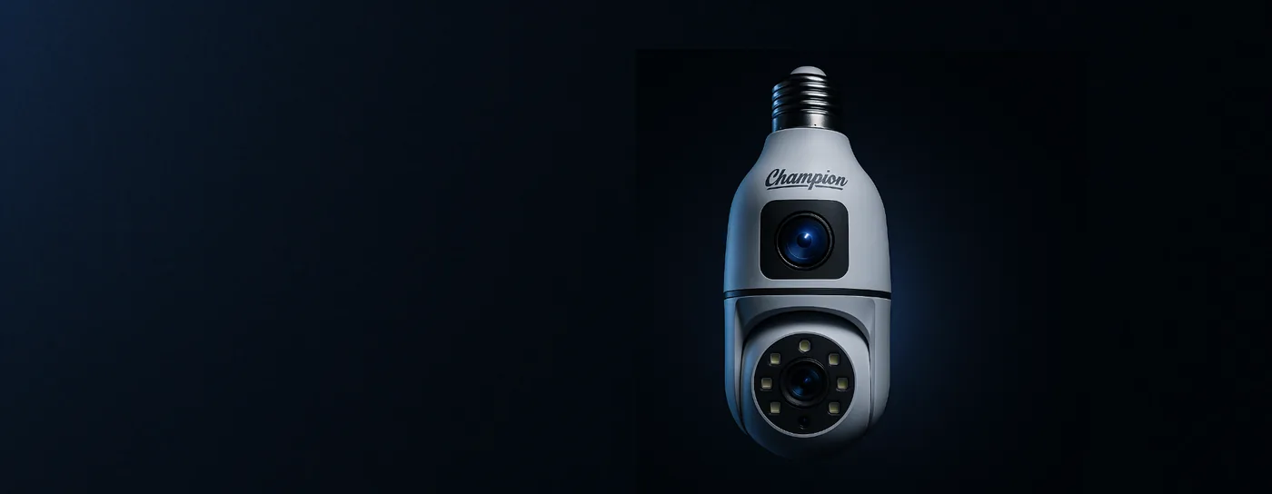 Champion PTZ Bulb Camera photographed against a dark background, both lenses visible