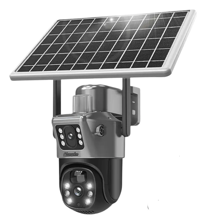 Champion PTZ dual-lens solar 4G camera with its solar panel