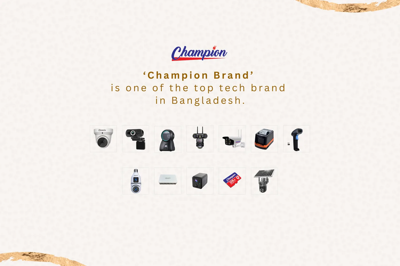 The Champion product range laid out together — cameras, printers, scanners, switches and memory cards